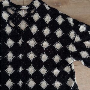 Free People Black and White Crochet Short Sleeve Blouse